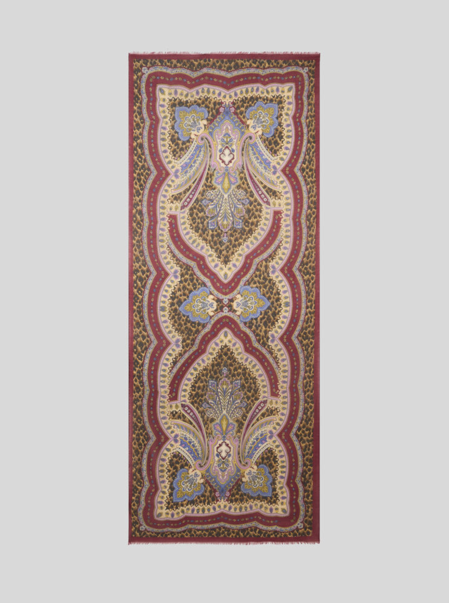ETRO WOOL, CASHMERE & SILK SCARF - RED CHEETAH PATTERN