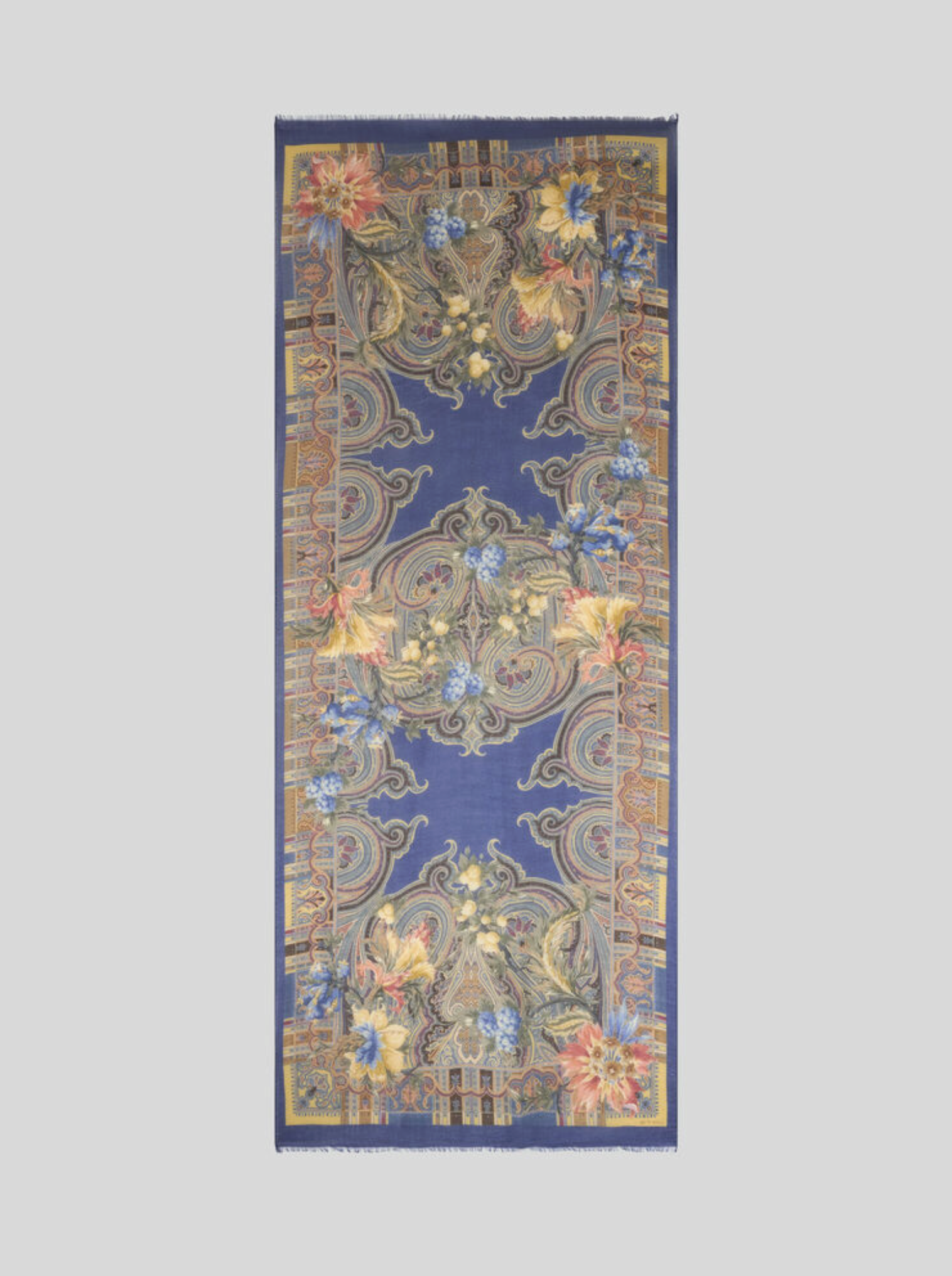 ETRO WOOL, CASHMERE & SILK SCARF - MULTI PAISLEY ON BLUE