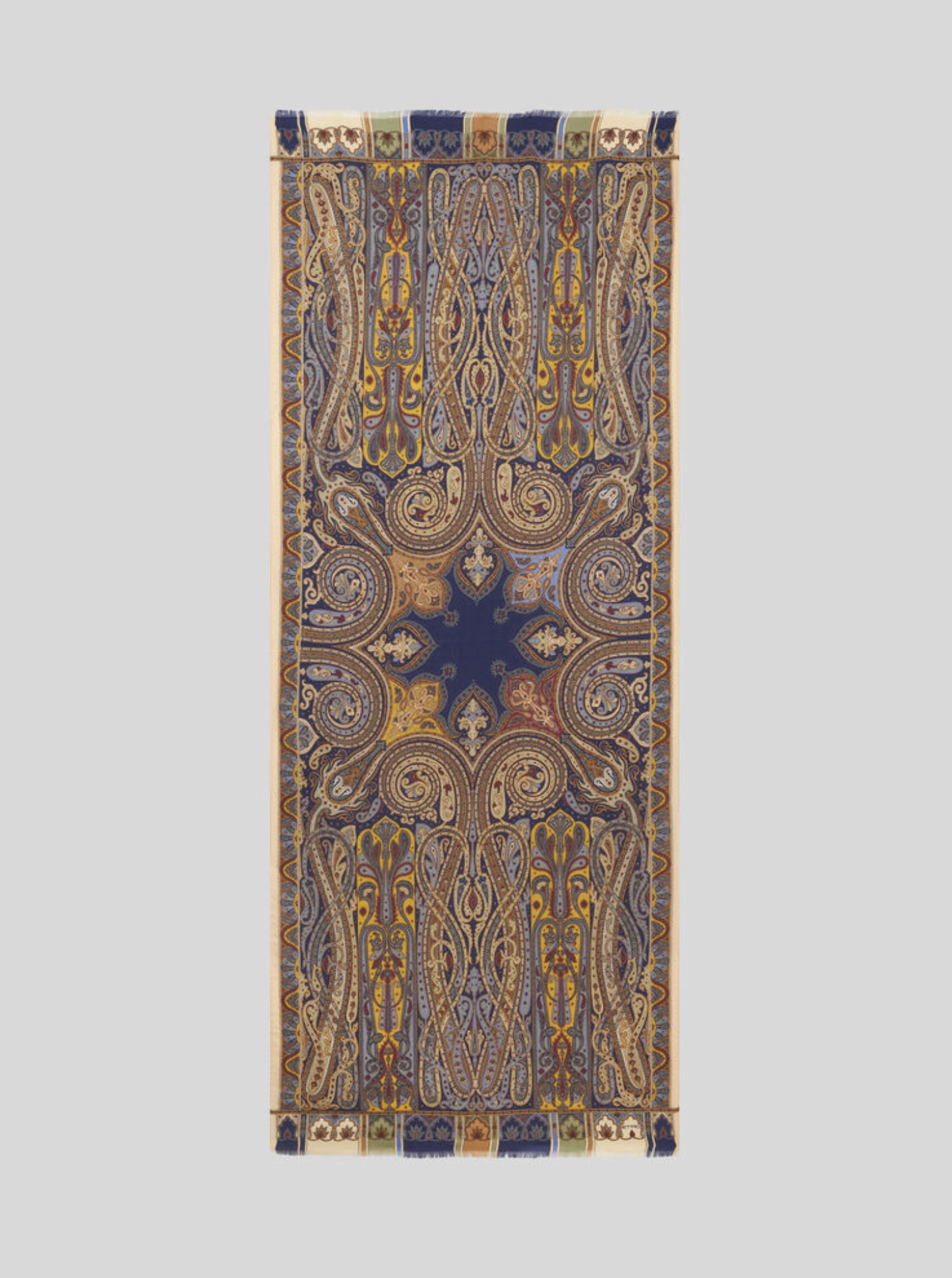 ETRO CASHMERE, SILK & WOOL SCARF - BEIGE ON BLUE