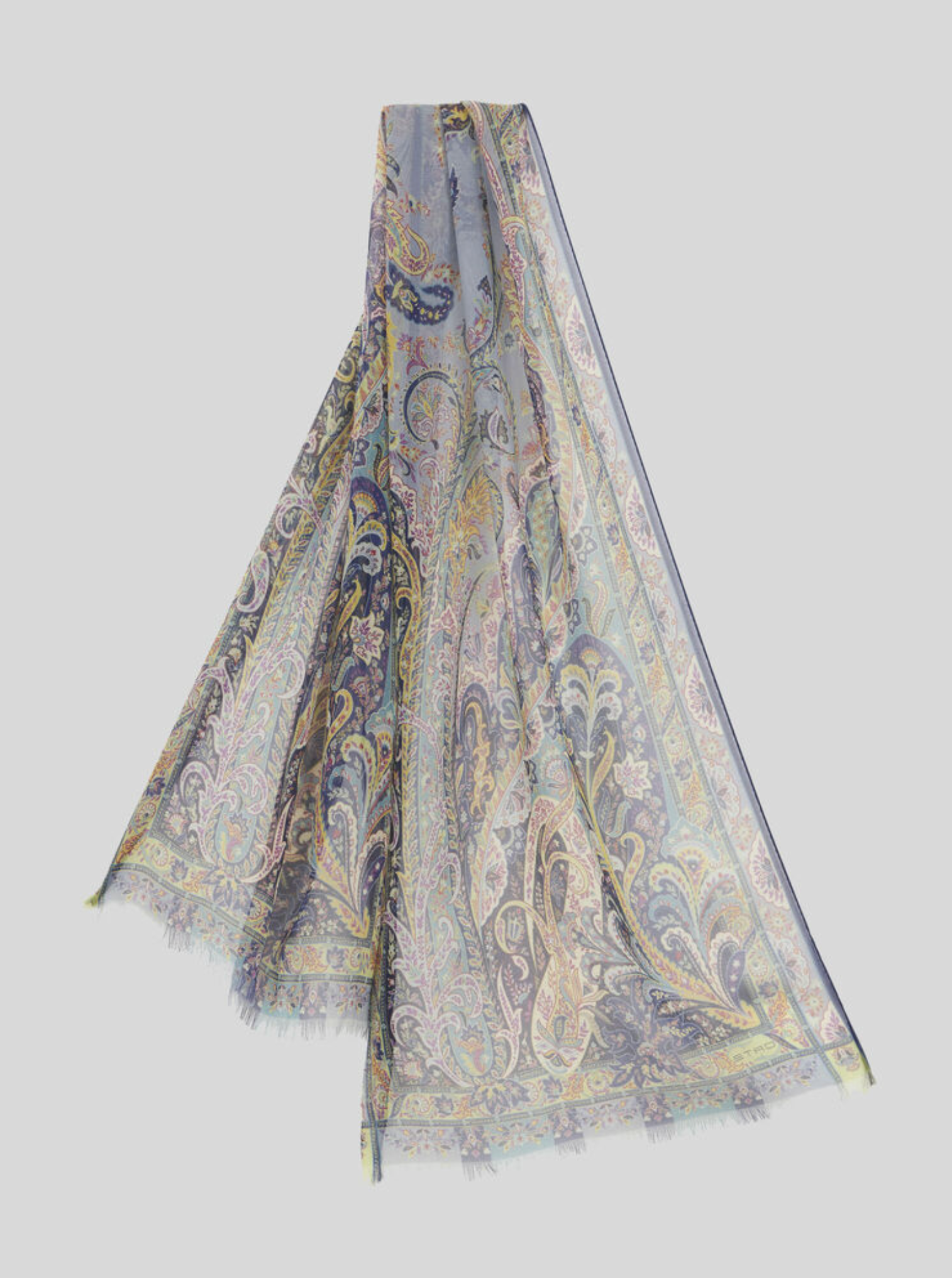 ETRO SILK SCARF - NAVY YELLOW & PINK PAISLEY ON WHITE