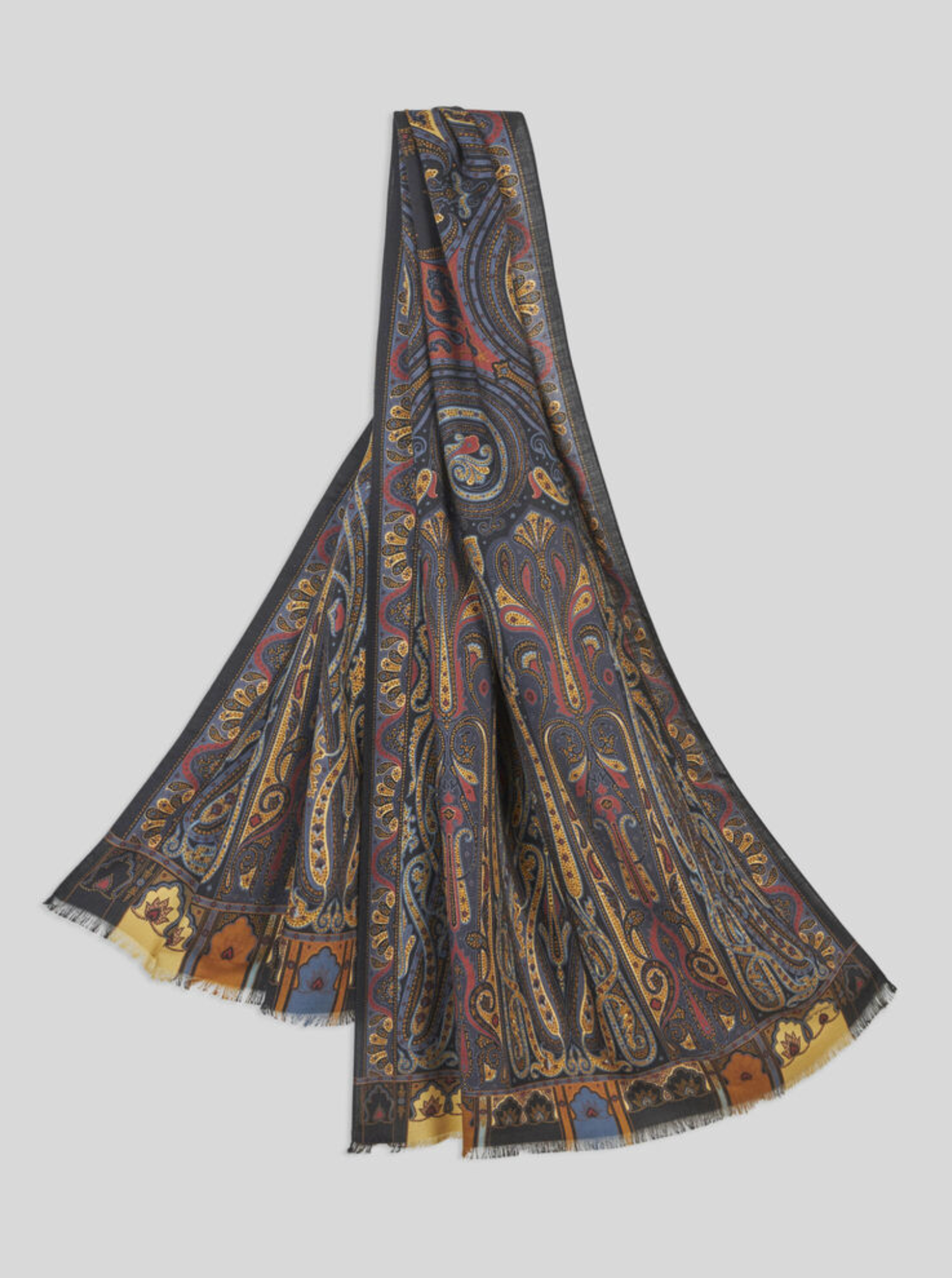 ETRO WOOL & SILK SCARF - MULTICOLOR PAISLEY ON BLACK