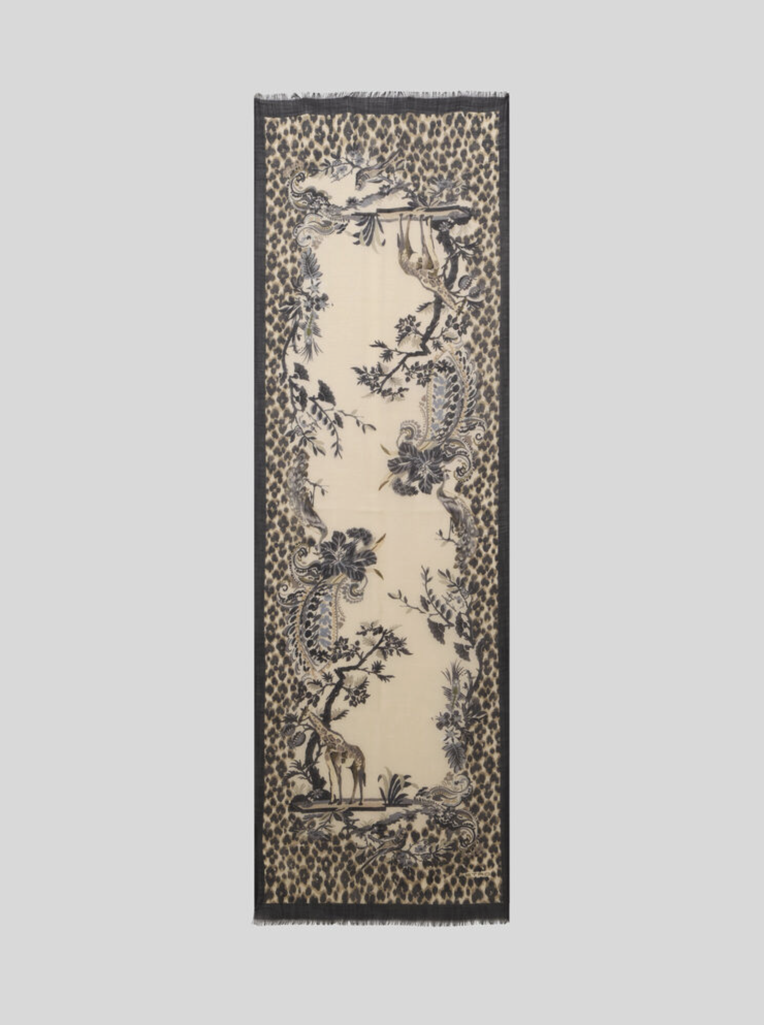 ETRO CASHMERE SCARF - BEIGE GIRAFFE ON BLACK WITH CHEETAH PATTERN
