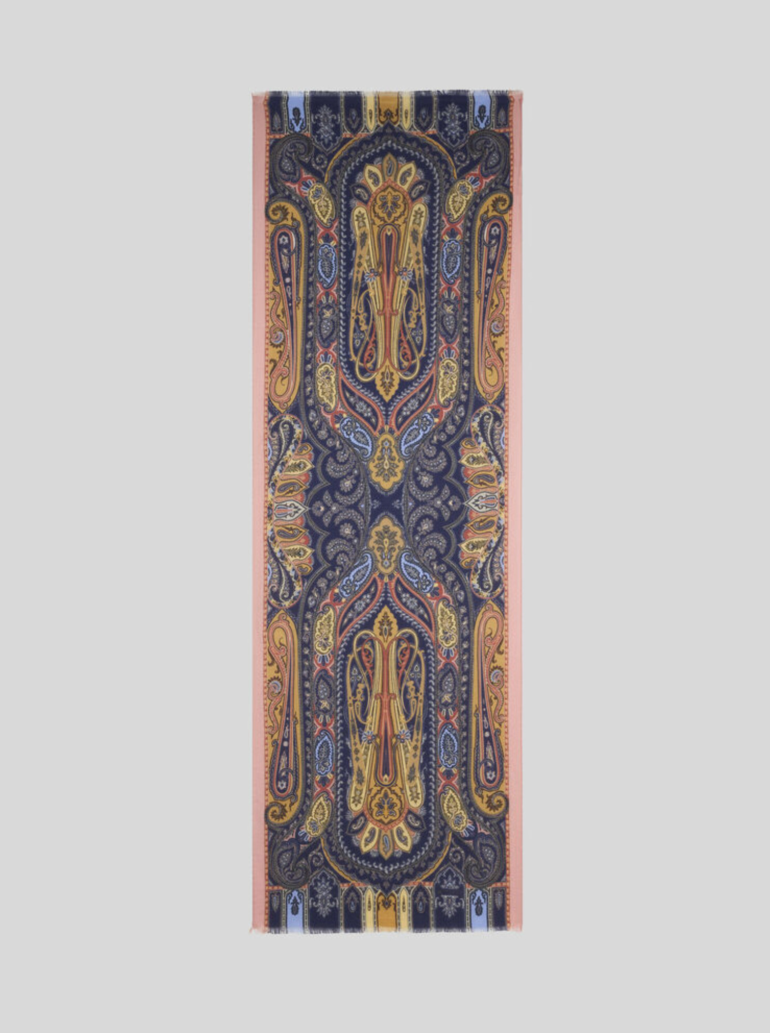 ETRO CASHMERE, SILK & WOOL SCARF - ORANGE & PINK ON BLUE