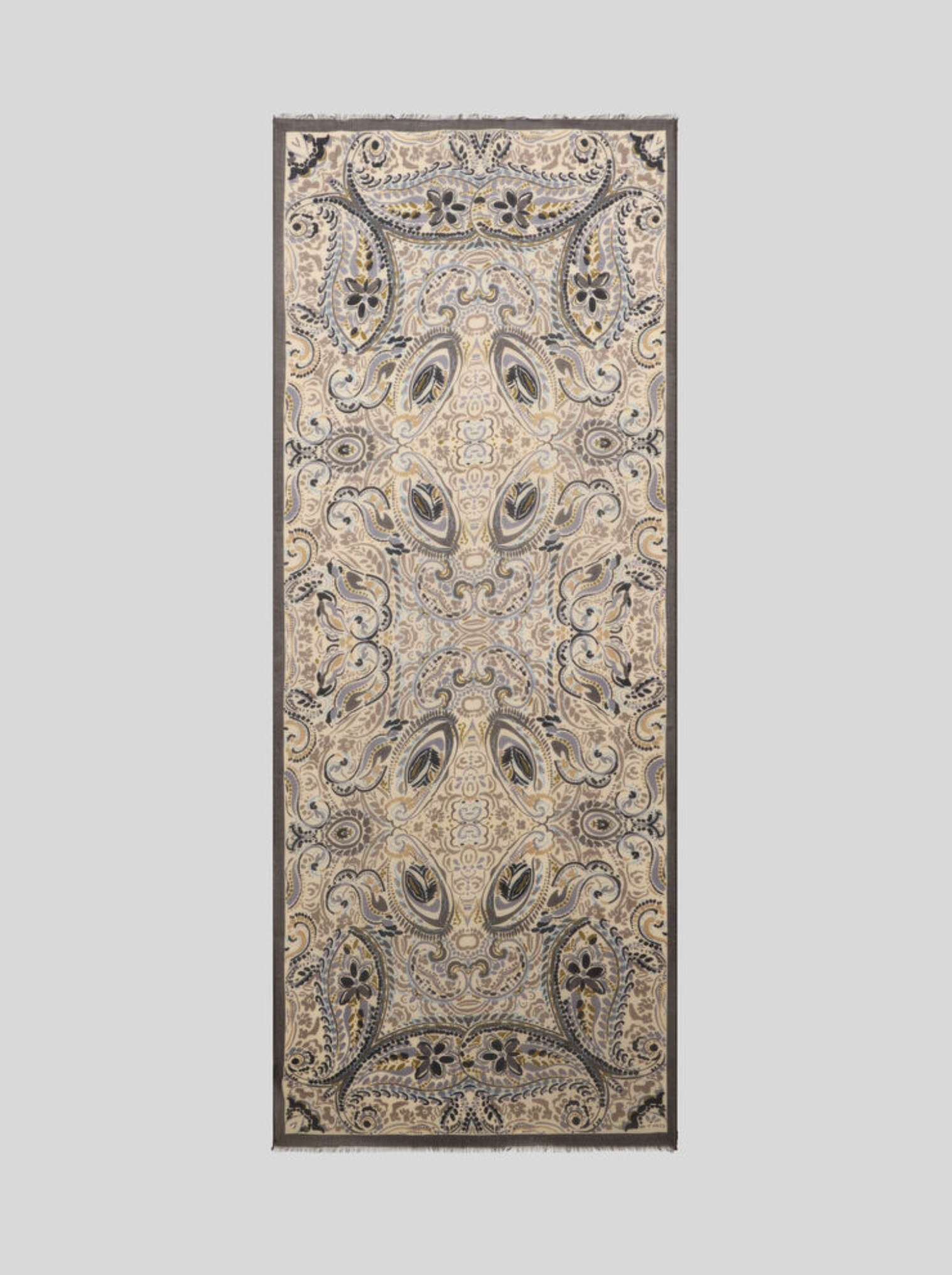 ETRO WOOL, CASHMERE & SILK SCARF - FLORAL SCROLLS ON BEIGE