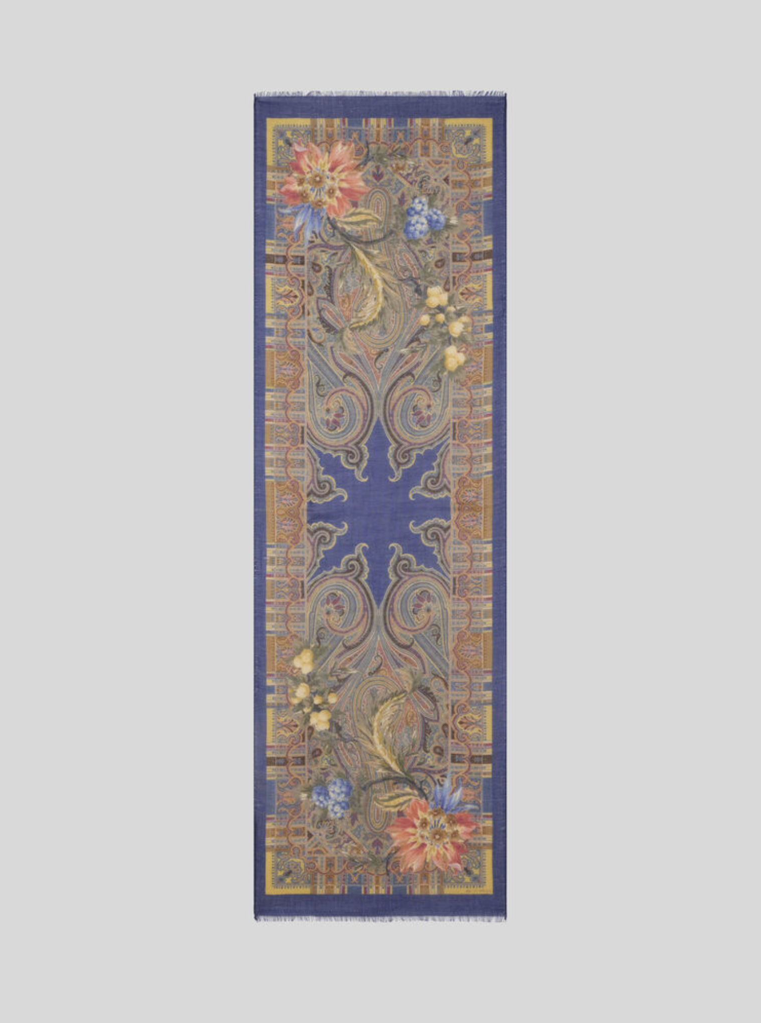 ETRO WOOL, CASHMERE & SILK SCARF - FLOWERS OVER PAISLEY ON BLUE