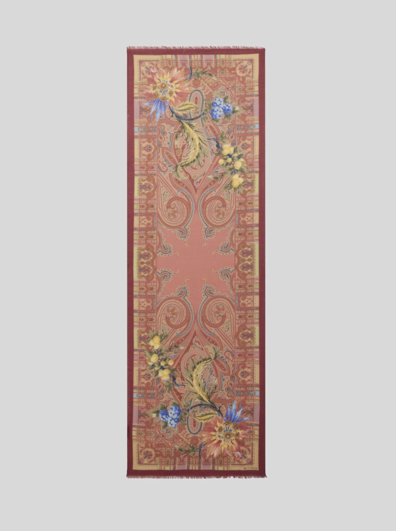 ETRO WOOL & SILK SCARF - FLOWERS OVER PAISLEY ON PINK