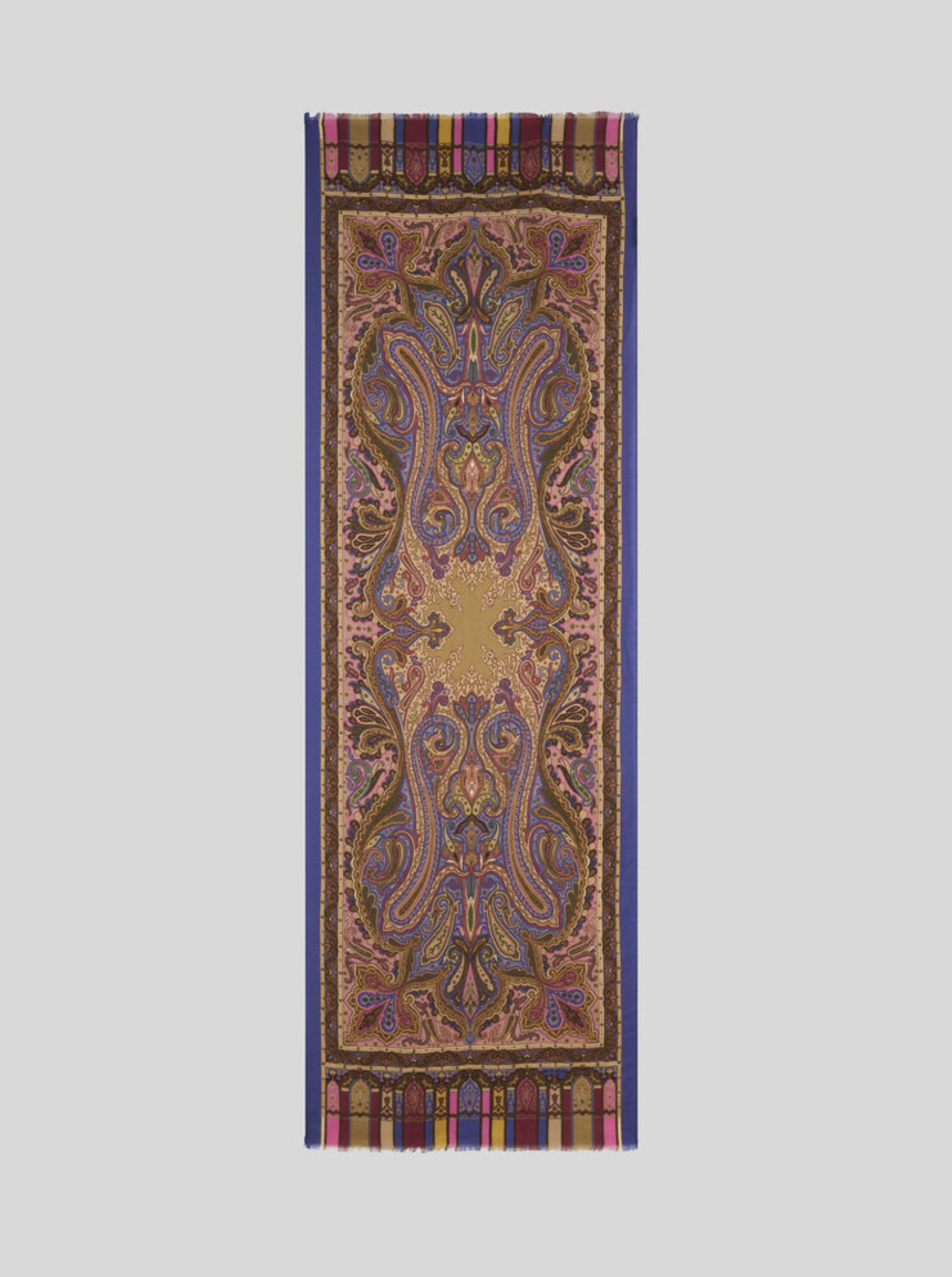 ETRO CASHMERE, SILK & WOOL SCARF - GOLD & BLUE ON BORDEAUX