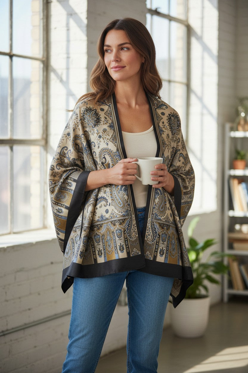 ETRO PAISLEY CAPE - BROWN & LIGHT BLUE ON BEIGE