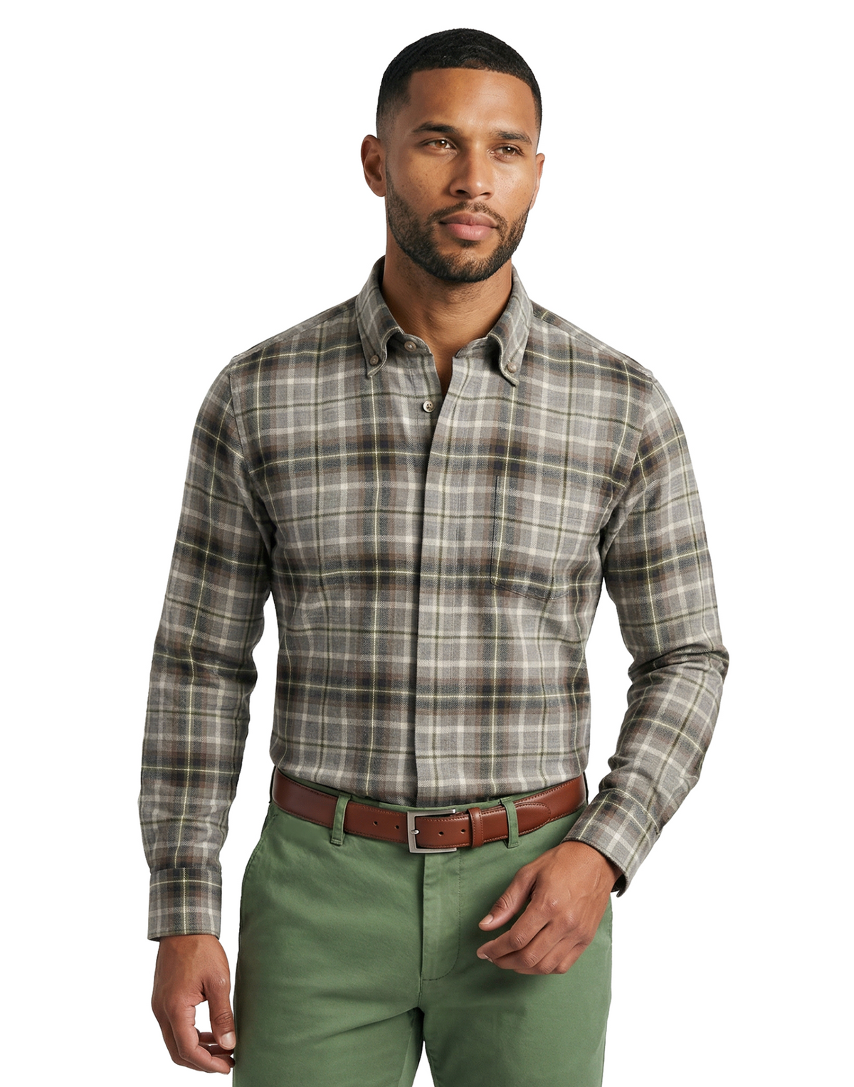 SCOTT BARBER HERRINGBONE TWILL SHIRT - DUFFEL HEATHER