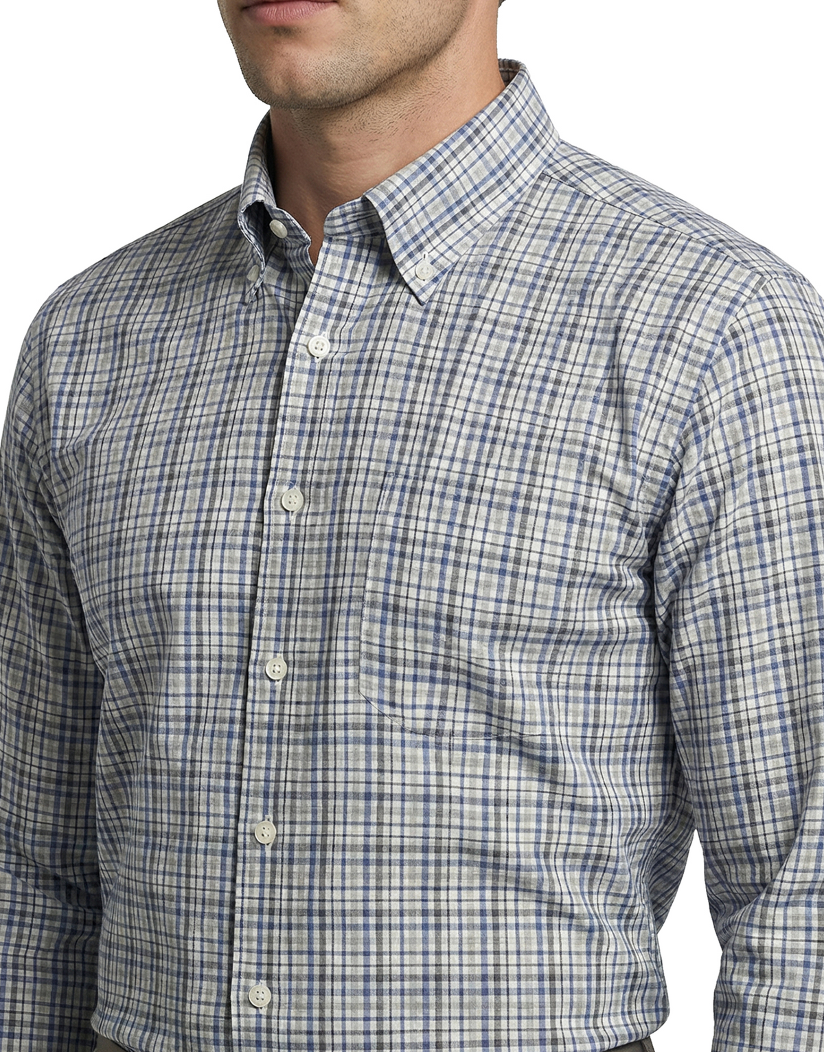 SCOTT BARBER NEWPORT POPLIN HEATHERED PLAID SHIRT - BLUE