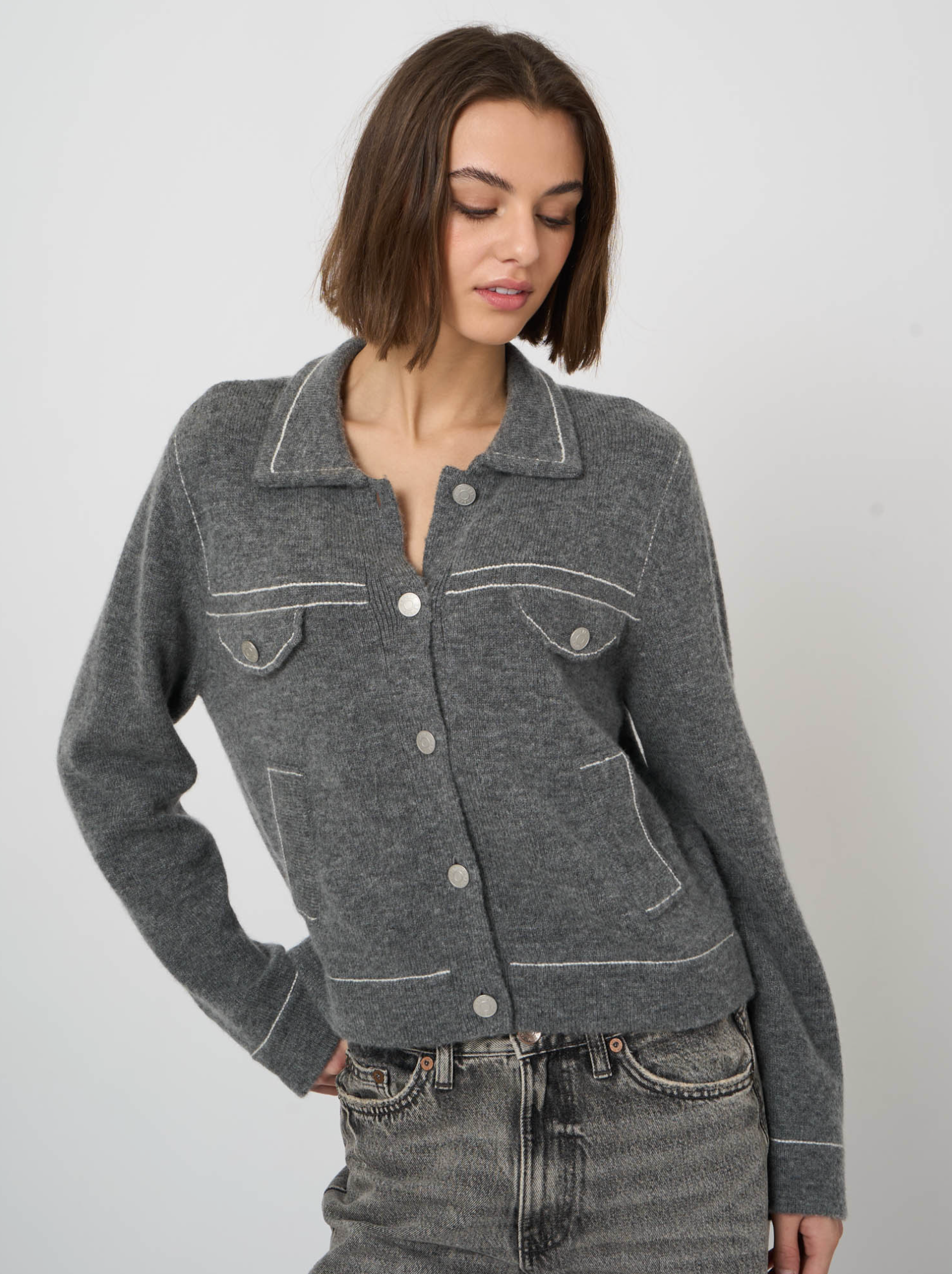 REPEAT WOOL/CASHMERE CARDIGAN WITH LINE DETAIL - THUNDER GREY