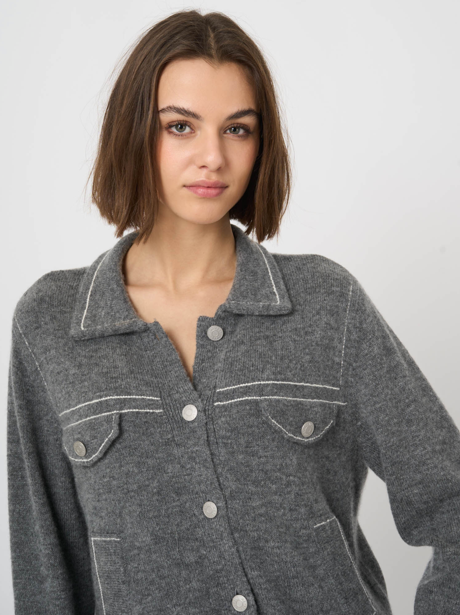 REPEAT WOOL/CASHMERE CARDIGAN WITH LINE DETAIL - THUNDER GREY