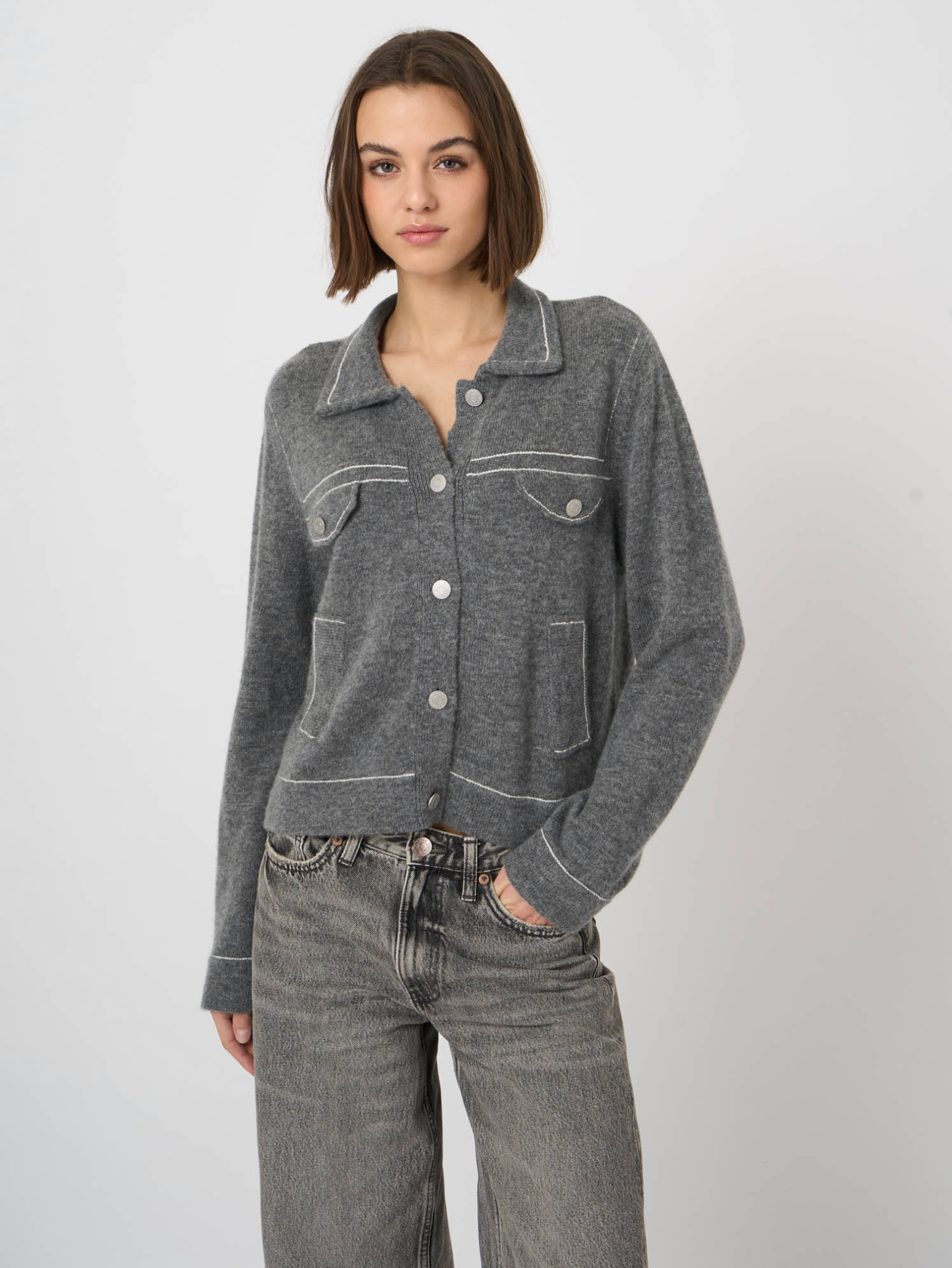 REPEAT WOOL/CASHMERE CARDIGAN WITH LINE DETAIL - THUNDER GREY