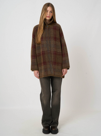 REPEAT BUTTON PONCHO CARDIGAN - NUTMEG/BORDEAUX PLAID