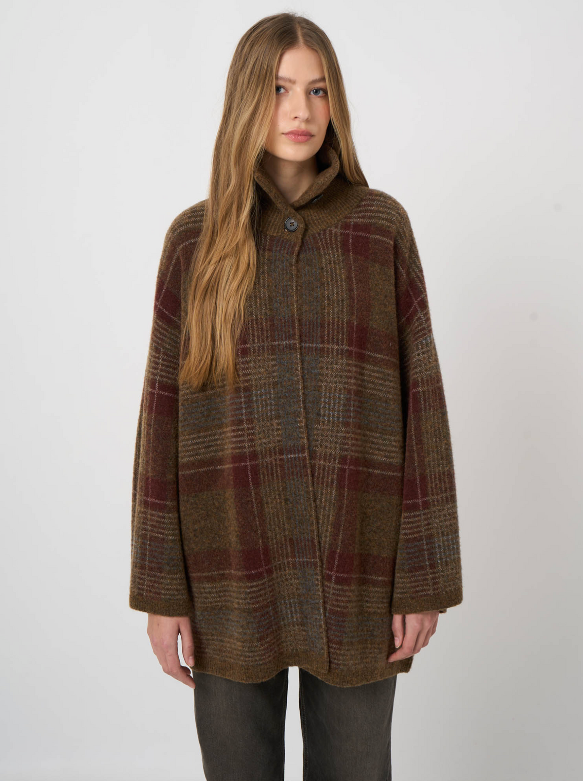REPEAT BUTTON PONCHO CARDIGAN - NUTMEG/BORDEAUX PLAID