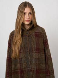 REPEAT BUTTON PONCHO CARDIGAN - NUTMEG/BORDEAUX PLAID
