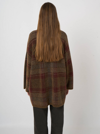 REPEAT BUTTON PONCHO CARDIGAN - NUTMEG/BORDEAUX PLAID
