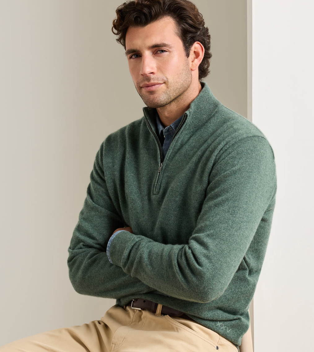 PETER MILLAR CROWN ANNIVERSARY CASHMERE QUARTER ZIP SWEATER - IVY