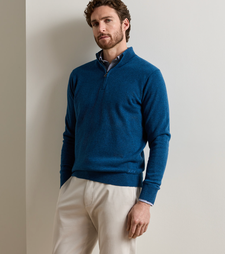 PETER MILLAR CROWN ANNIVERSARY CASHMERE QUARTER ZIP SWEATER - OCEAN BLUE