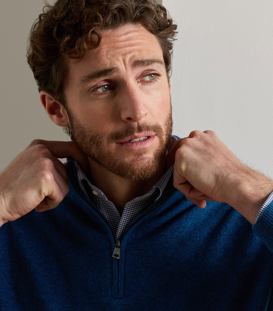 PETER MILLAR CROWN ANNIVERSARY CASHMERE QUARTER ZIP SWEATER - OCEAN BLUE