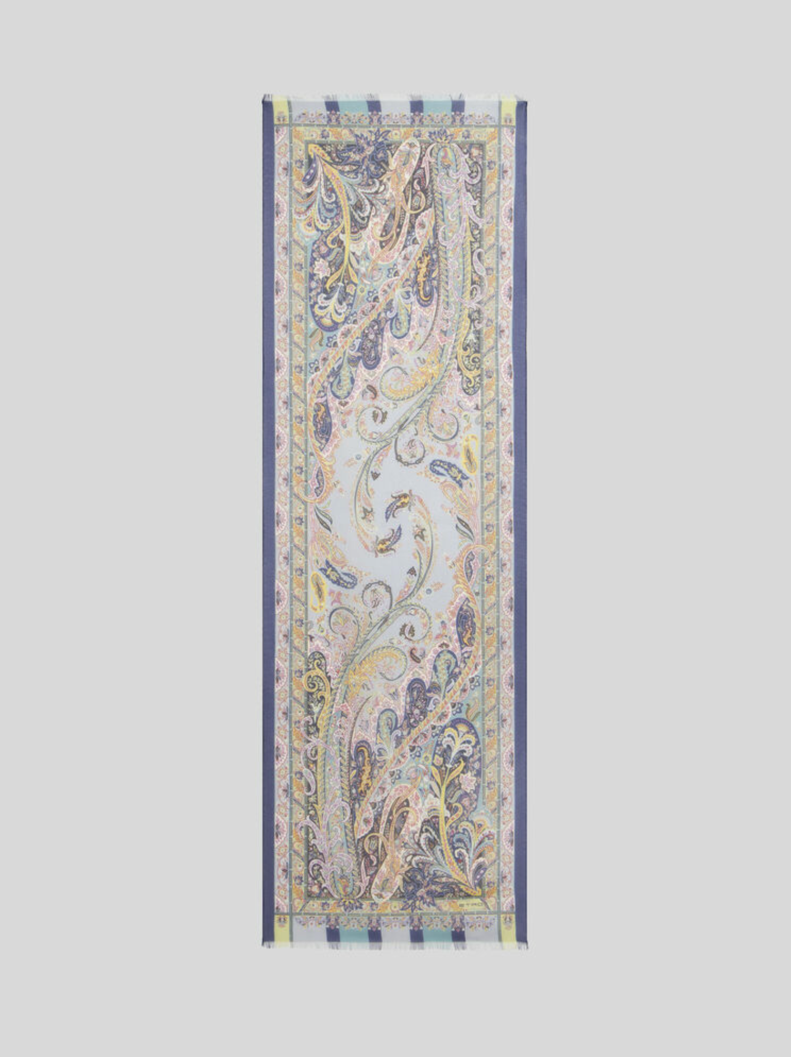 ETRO SILK SCARF - NAVY YELLOW & PINK PAISLEY ON WHITE