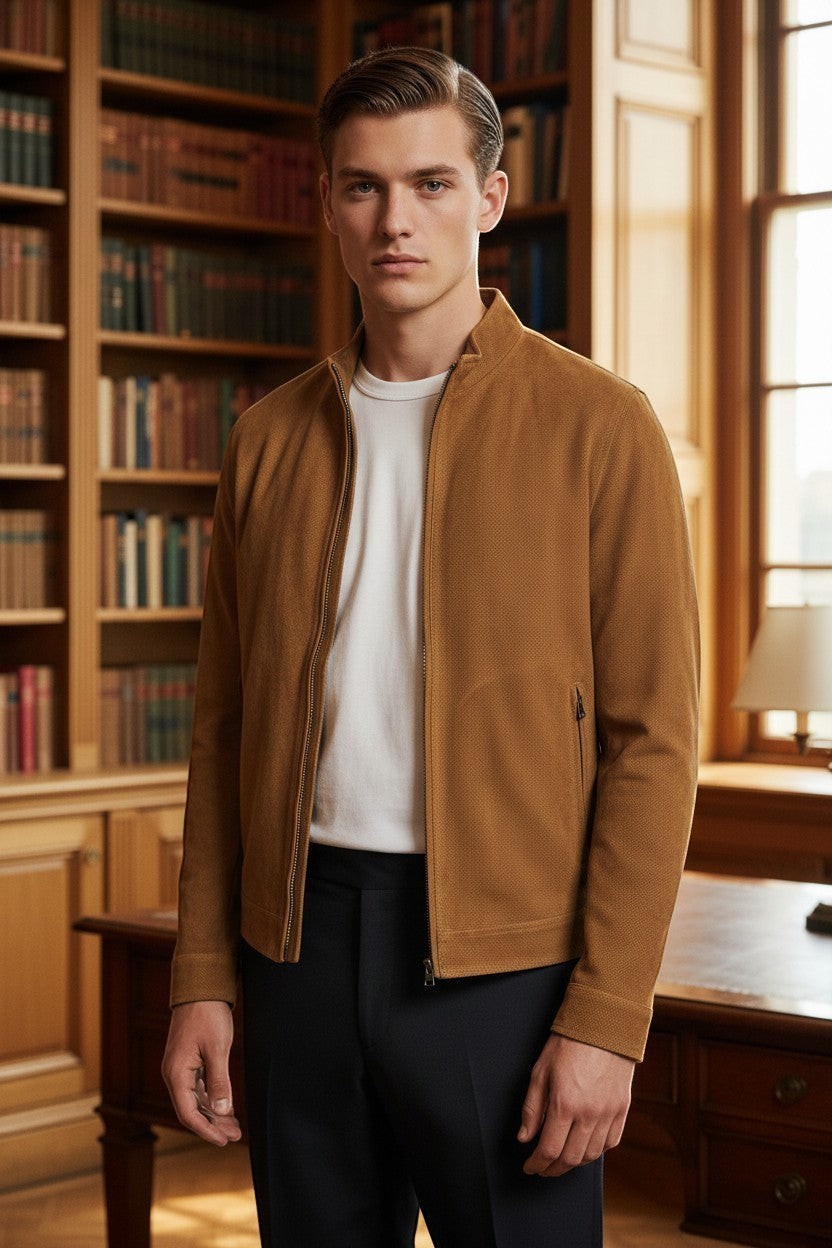 Button Down SF tobacco brown perforated suede driver jacket with zip pockets and collar.