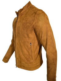 Button Down SF tobacco brown perforated suede driver jacket with zip pockets and stand-up collar.