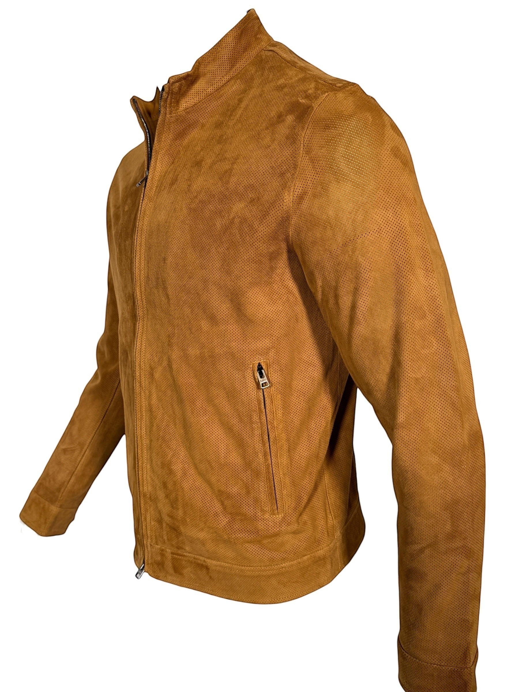 Button Down SF tobacco brown perforated suede driver jacket with zip pockets and stand-up collar.