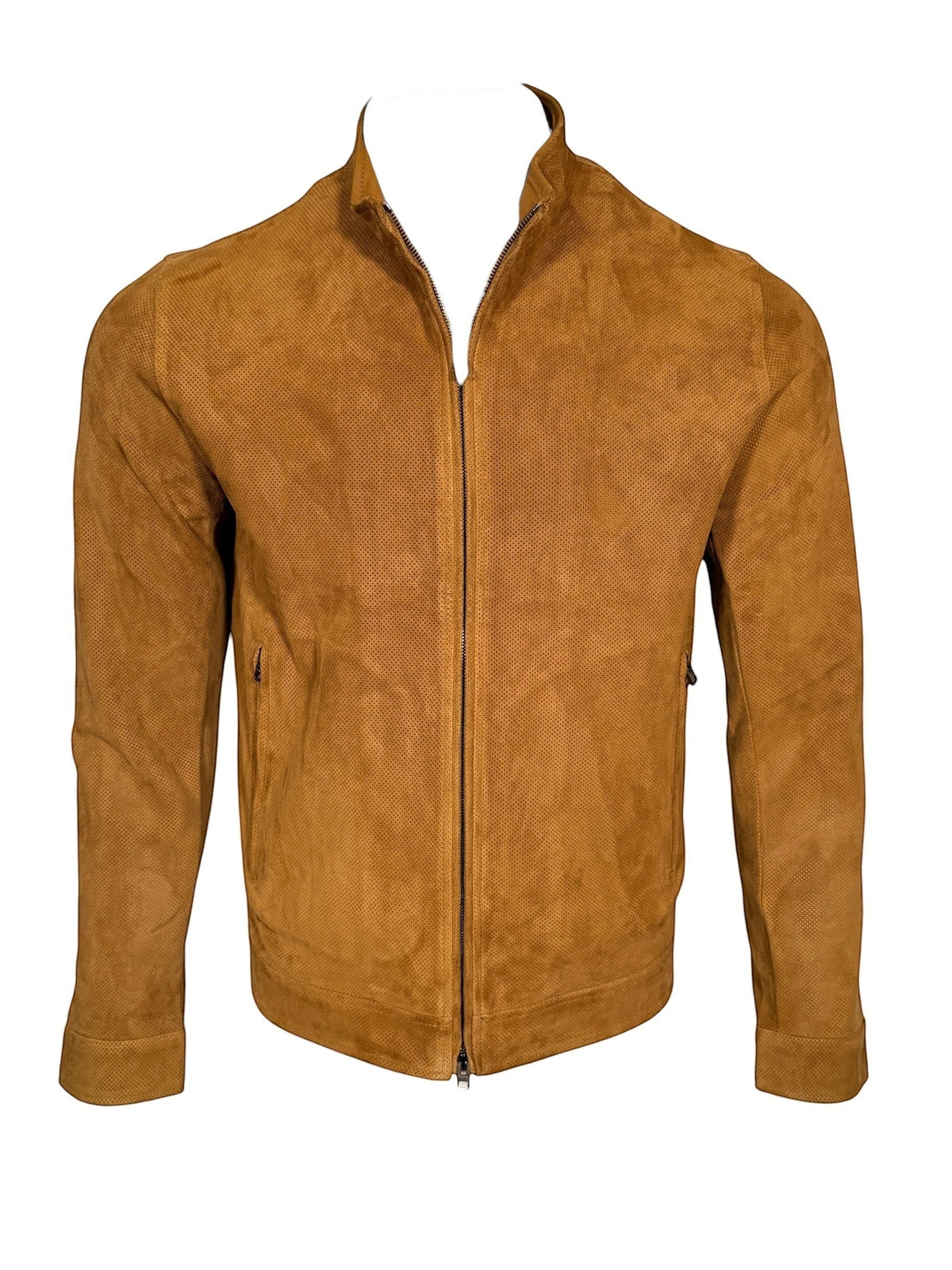 Button Down SF tobacco brown perforated suede driver jacket with zip pockets and collar.