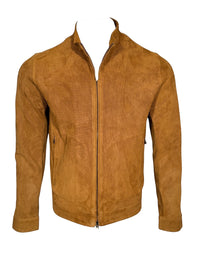 Button Down SF tobacco brown perforated suede driver jacket with zip pockets and collar.