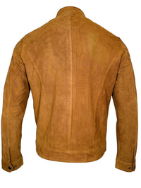 Button Down SF tobacco brown perforated suede driver jacket with zip pockets and driver collar.