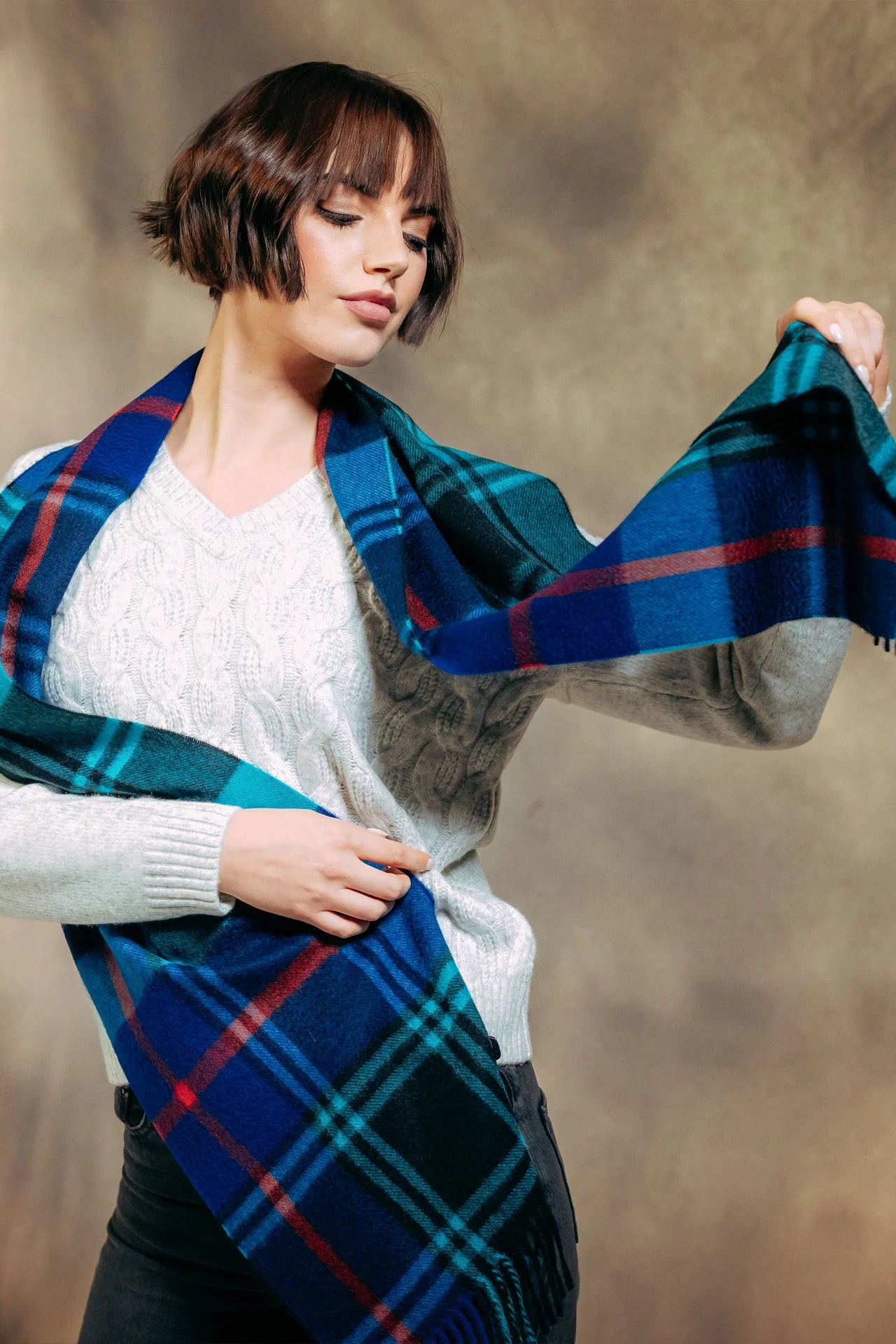 JOSHUA ELLIS CASHMERE SCARF - BLUE/AQUA/RED PLAID