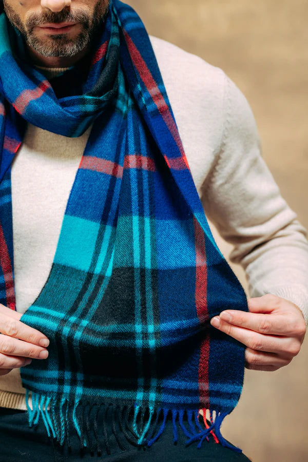 JOSHUA ELLIS CASHMERE SCARF - BLUE/AQUA/RED PLAID