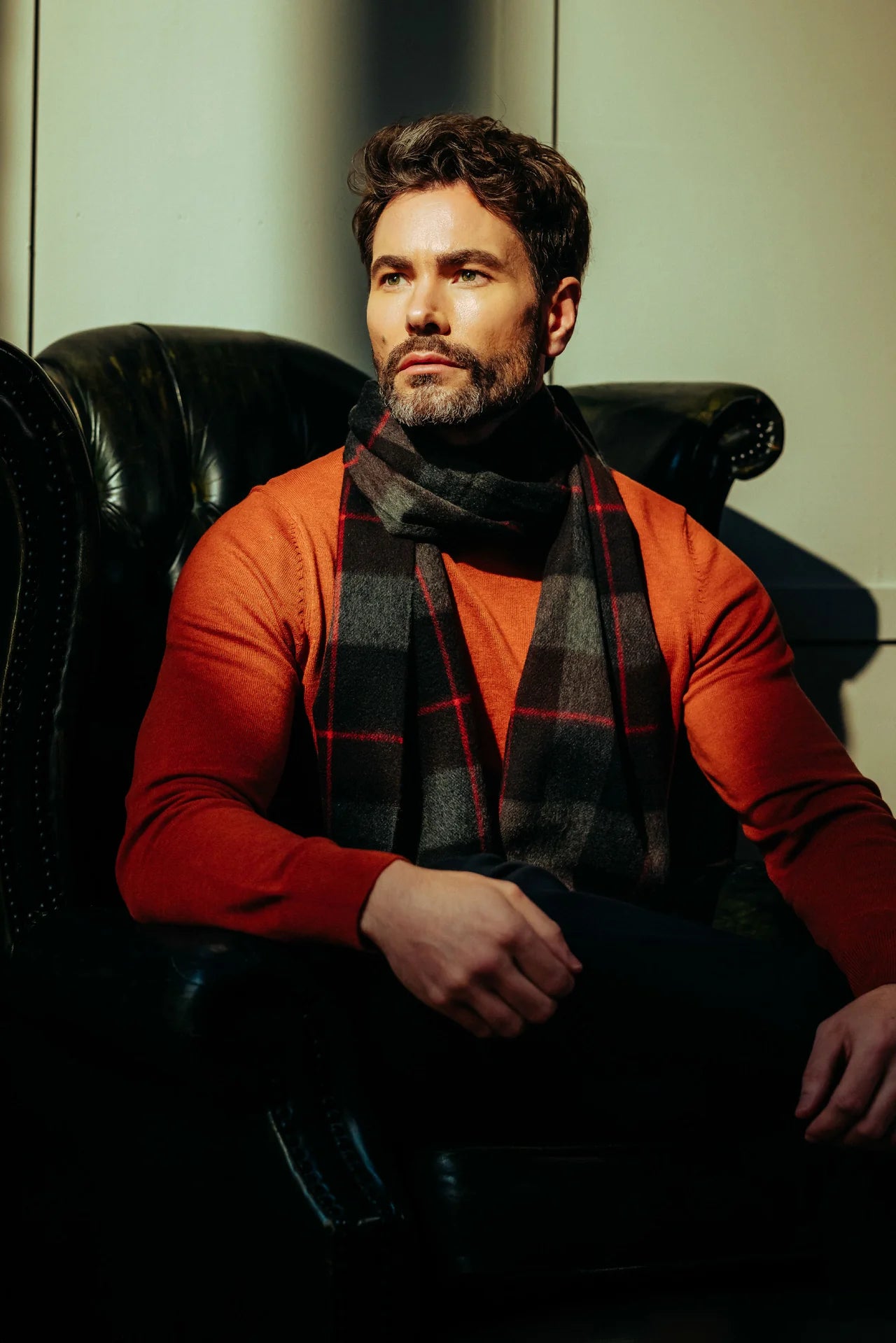 JOSHUA ELLIS CASHMERE SCARF - GREY/RED CHECK