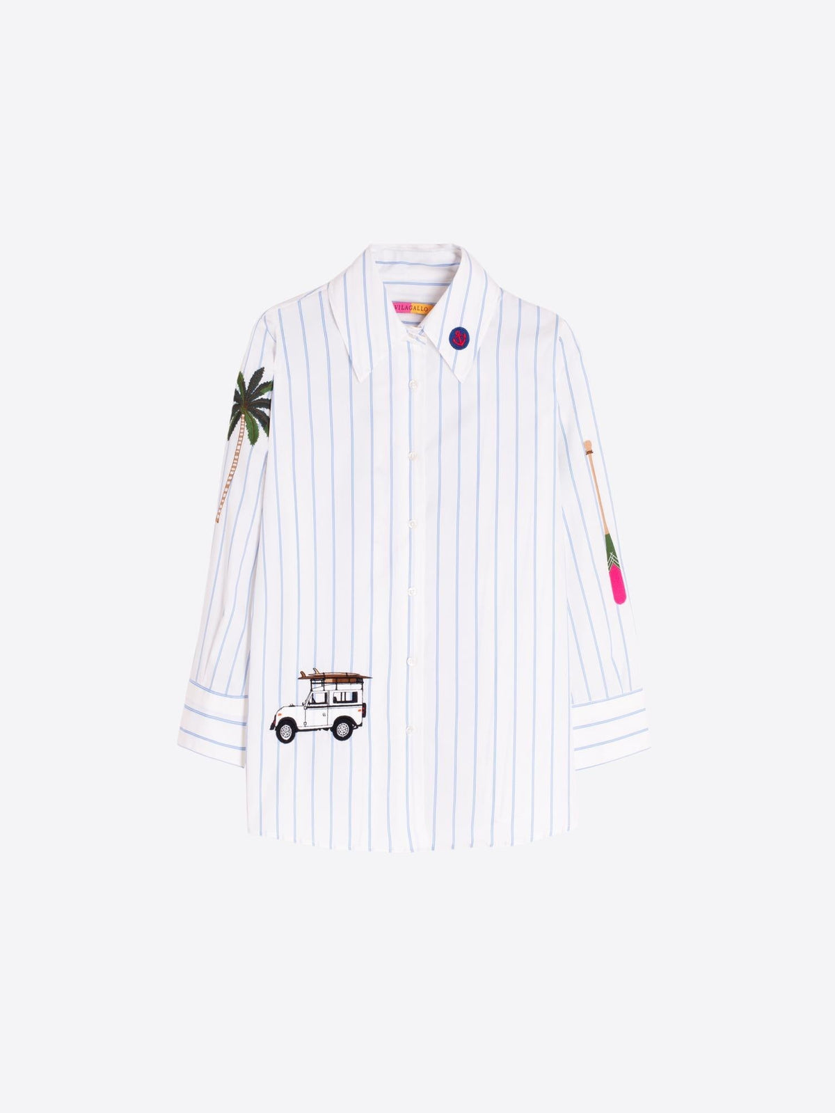 Button Down SF white 100% cotton striped shirt with embroidered golf cart and surfboards, palm tree, and paddle.