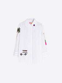 Button Down SF white 100% cotton striped shirt with embroidered golf cart and surfboards, palm tree, and paddle.