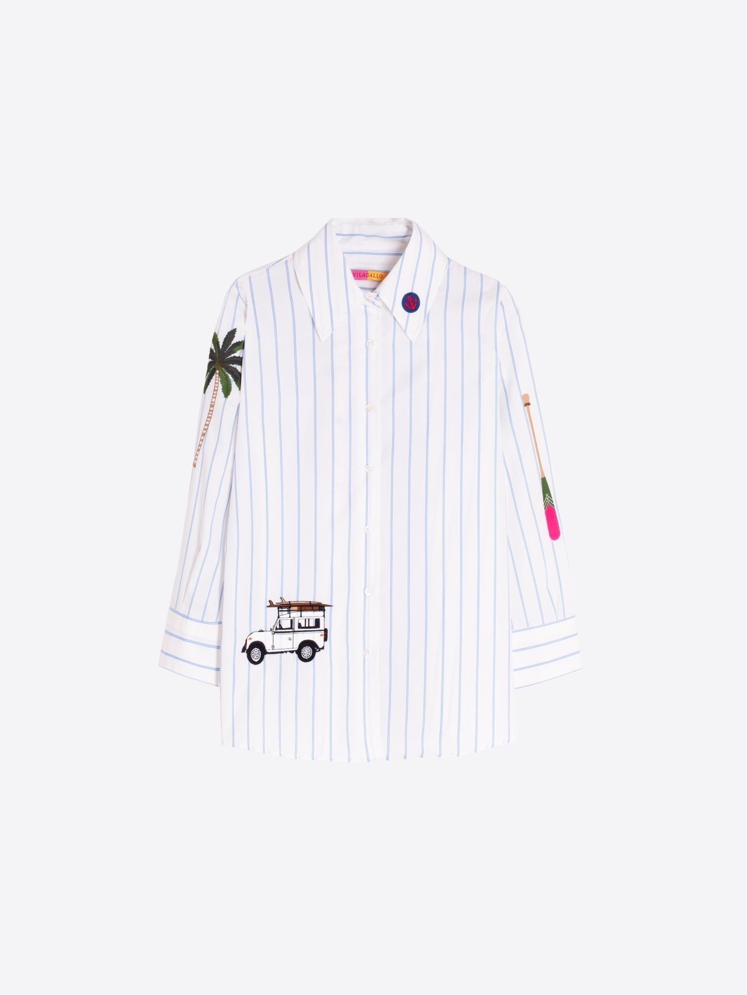 Button Down SF white 100% cotton striped shirt with embroidered golf cart and surfboards, palm tree, and paddle.