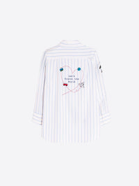 Button Down SF white 100% cotton striped shirt with embroidered heart and travel motifs.