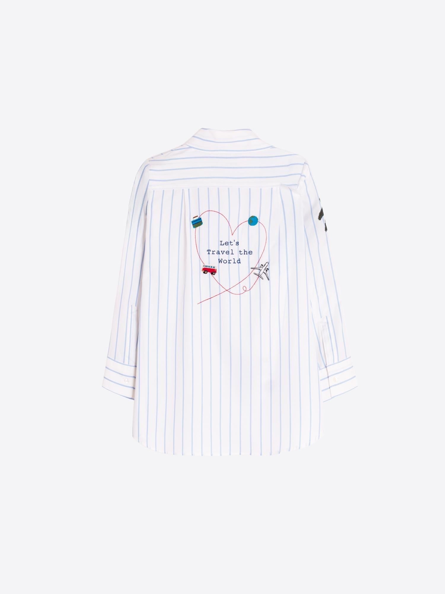 Button Down SF white 100% cotton striped shirt with embroidered heart and travel motifs.