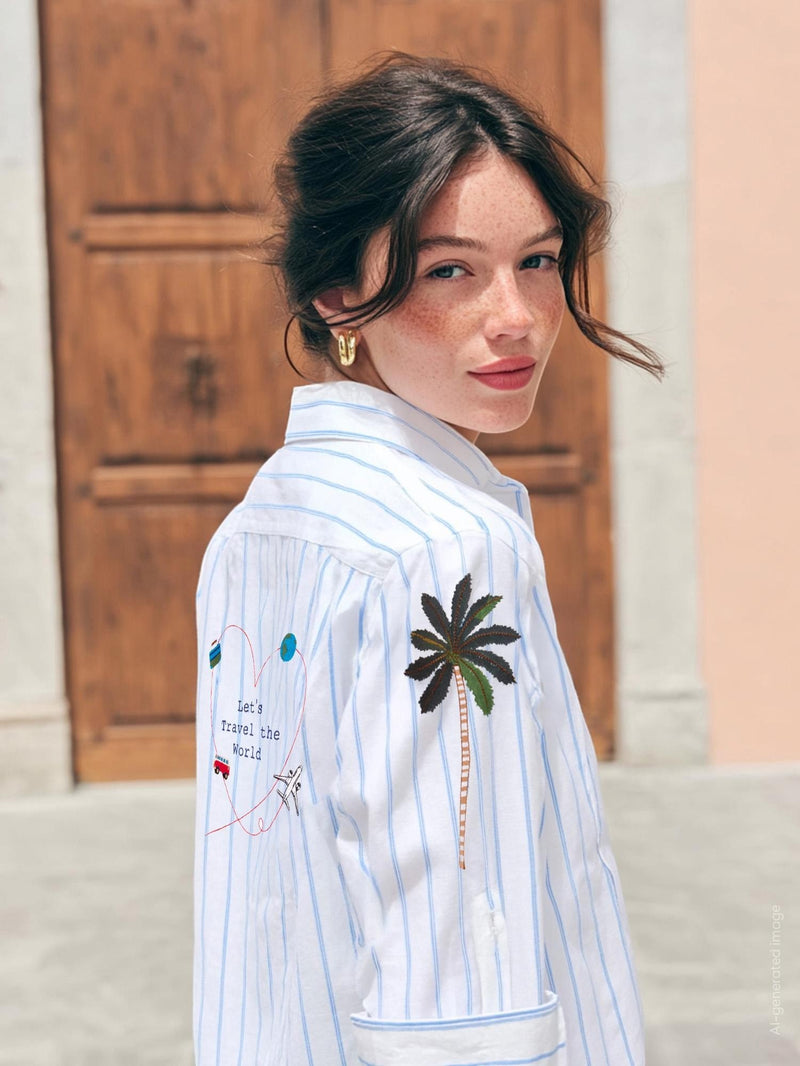 Button Down SF white 100% cotton striped shirt with embroidered palm tree and "Let's Travel the World" graphic.