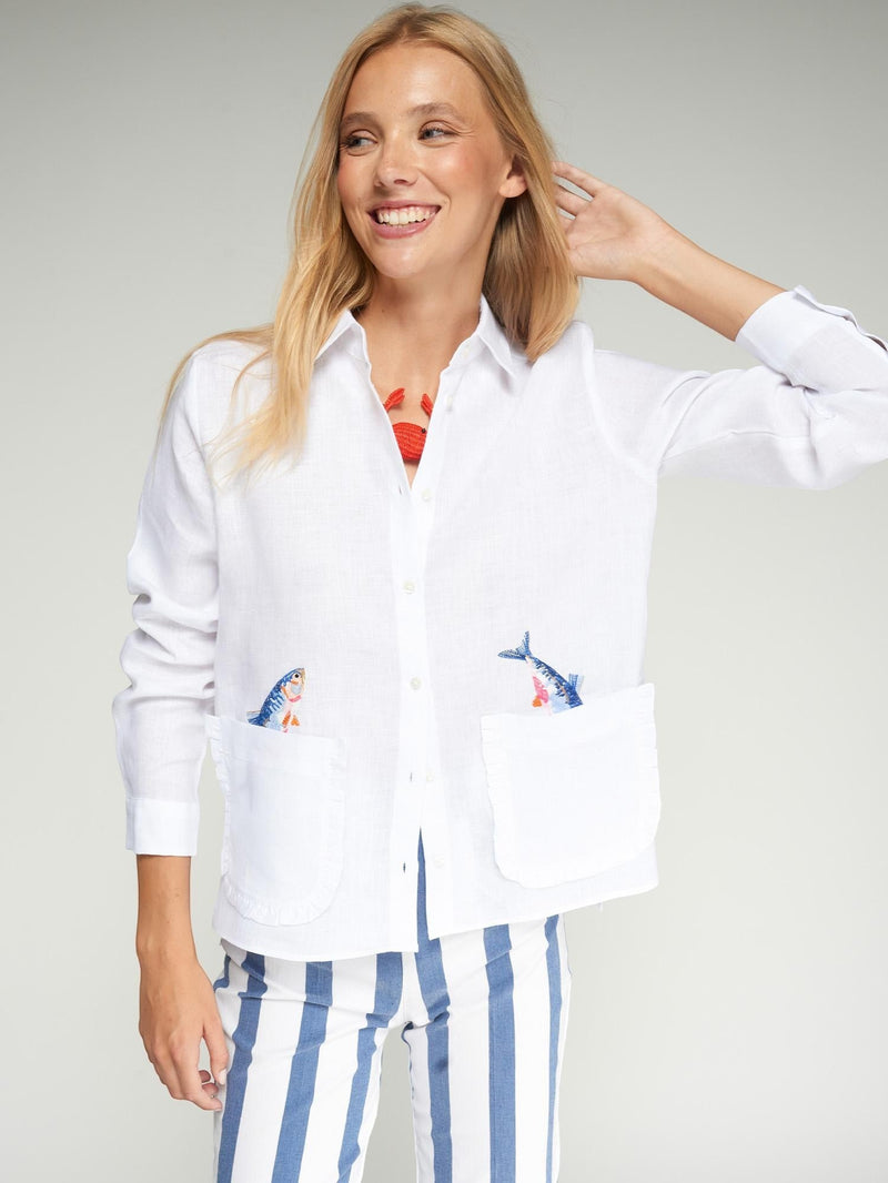 Button Down SF white 100% linen shirt with embroidered fish on pockets and ruffled edges.