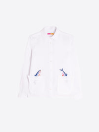 Button Down SF white 100% linen shirt with embroidered fish peeking out of two chest pockets.
