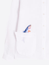 Button Down SF white 100% linen shirt with ruffled pocket featuring a colorful embroidered fish peeking out.