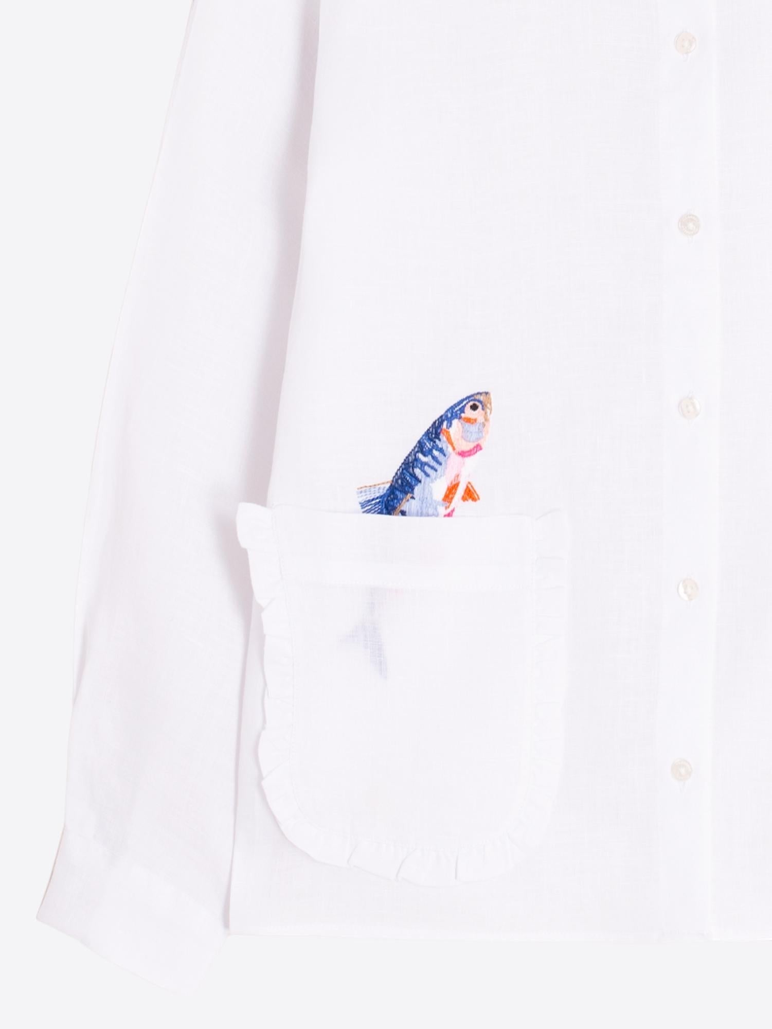 Button Down SF white 100% linen shirt with ruffled pocket featuring a colorful embroidered fish peeking out.