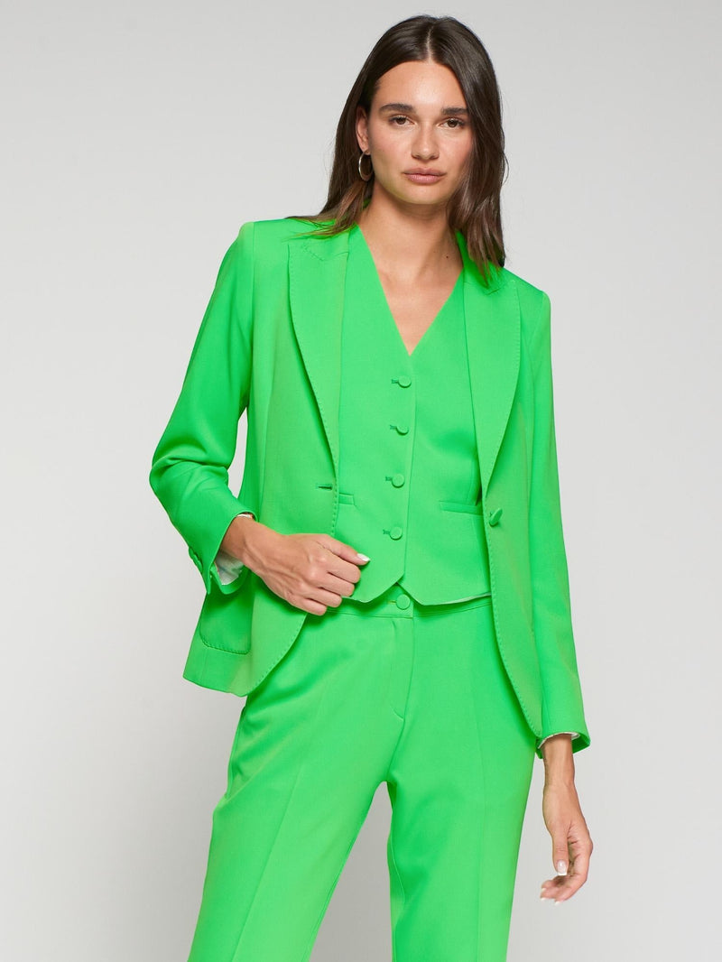 Button Down SF bright green neon polyester-elastane jacket with lapel, button closure, and patch pockets.