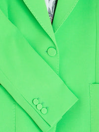 Button Down SF Hillary jacket in bright neon green polyester blend. Features lapel, button closure, patch pockets, and decorative cuff buttons.