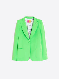 Button Down SF bright green neon polyester-elastane Hillary jacket with lapel, button closure, and patch pockets.