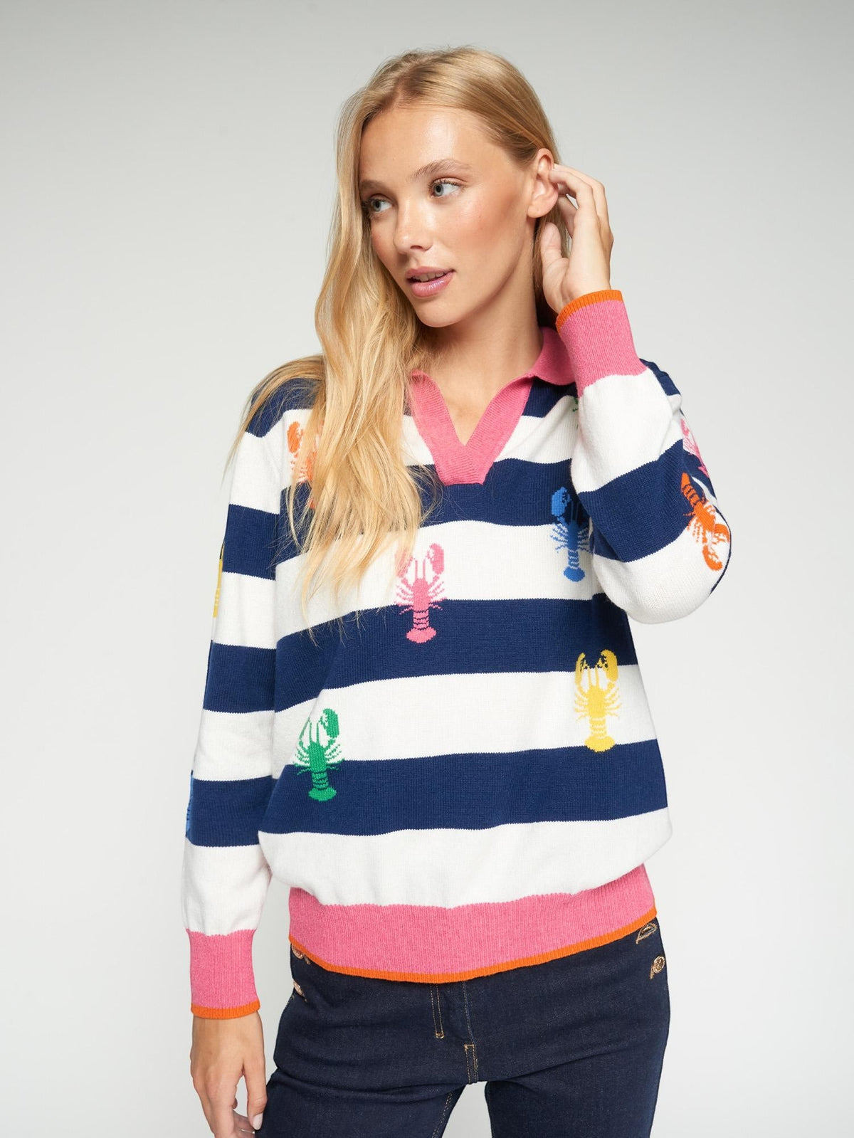 Button Down SF navy and ecru striped cotton-viscose knit polo with colorful lobster intarsia and pink cuffs.