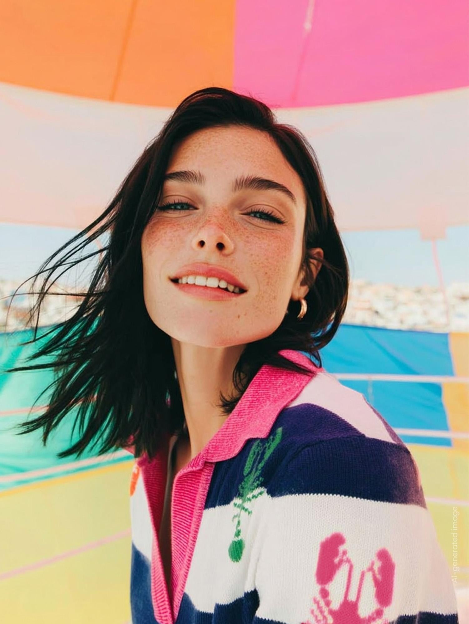 Button Down SF navy and ecru striped cotton-viscose knit polo with lobster intarsia and pink collar.