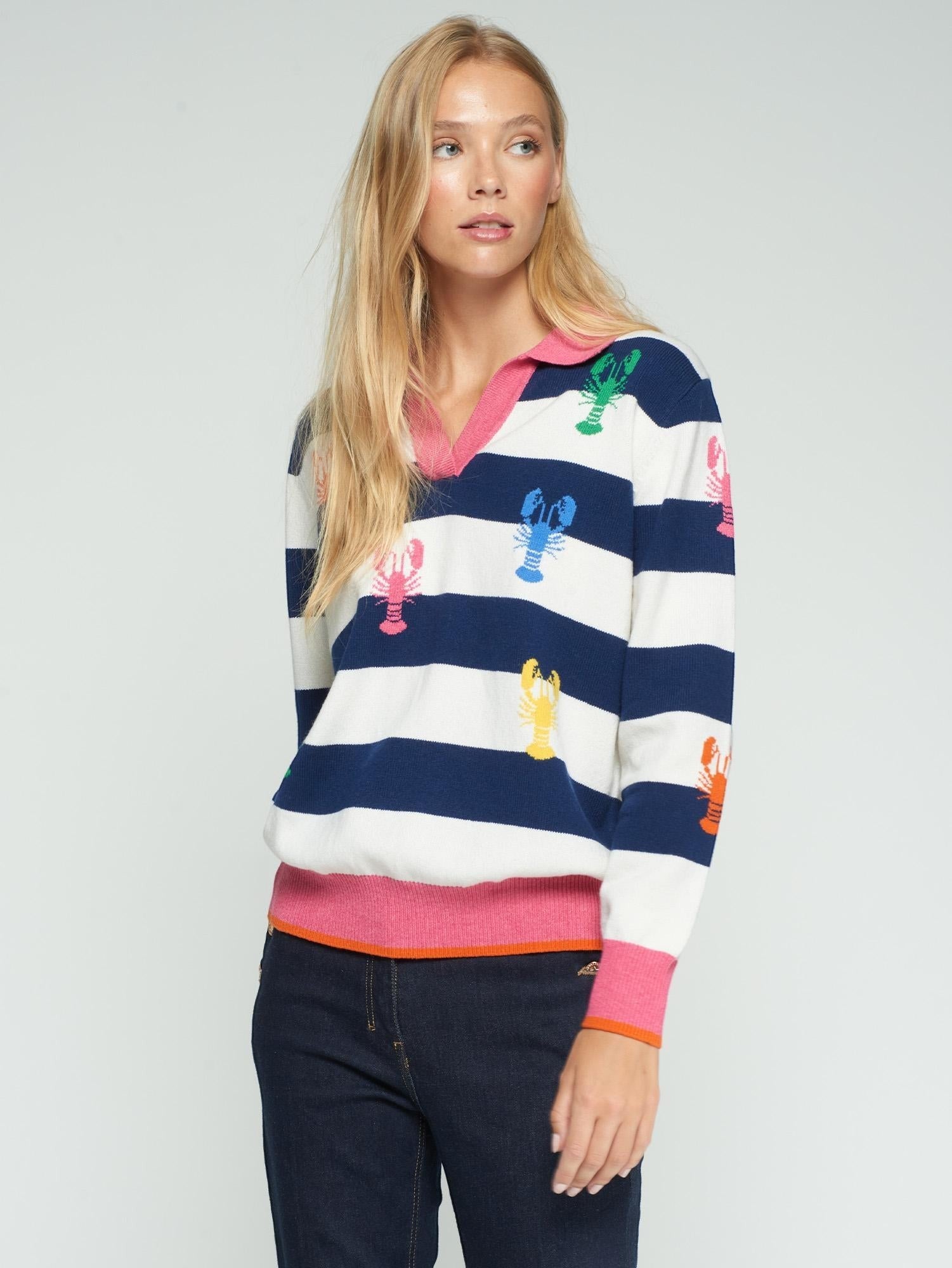 Button Down SF navy and ecru striped cotton-viscose knit polo with lobster intarsia and pink collar.